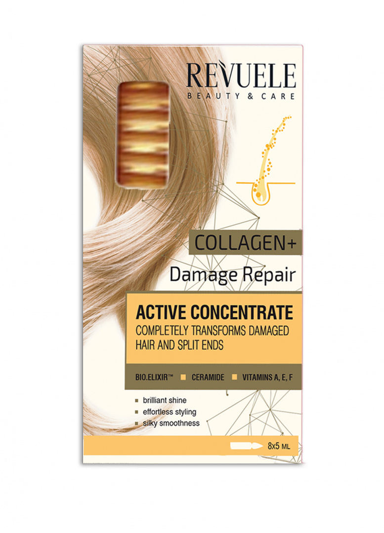 Ampułki do zniszczonych włosów z kolagenem / Revuele Active Hair Concentrate Collagen + Damage Repair (8 x 5 ml)