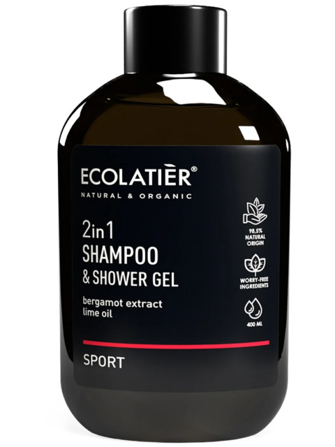 ECOLATIER Szampon i żel pod prysznic z olejkiem z limonki i ekstraktem z bergamotki 2 w 1 Sport, 400 ml