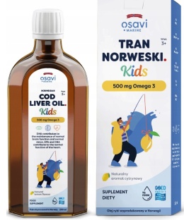 Suplement diety w postaci tranu z wątroby dorsza o smaku cytrynowym dla dzieci Osavi Cod Liver Oil Kids 500 Mg Omega 3 (250 ml)